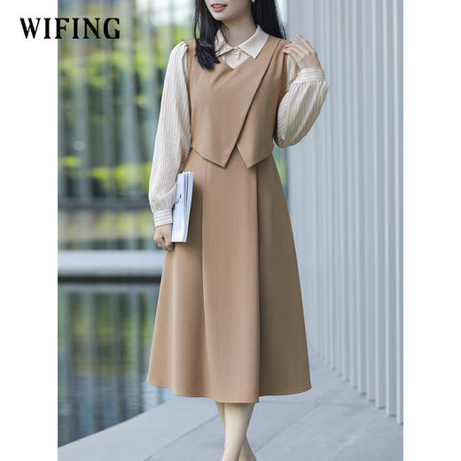 未风卡其色假两件连衣裙女秋2025年秋季新款女装气质文艺长款裙子 商品图2