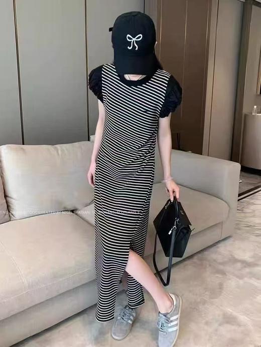 12.12错过没有！清货不退退货勿拍~（不支持退）【MYBL】8638条纹拼接飞飞袖开叉超显瘦长款连衣裙-喜出 商品图1