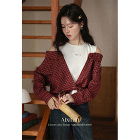 【6折秒杀】鹿向南「温绒絮语」假两件拼接红色格子衬衫女秋宽松显瘦长袖上衣L56807