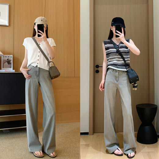 2025新款韩系海雾灰牛!lai卡四面弹石磨酵洗阔腿牛仔裤！ 商品图3