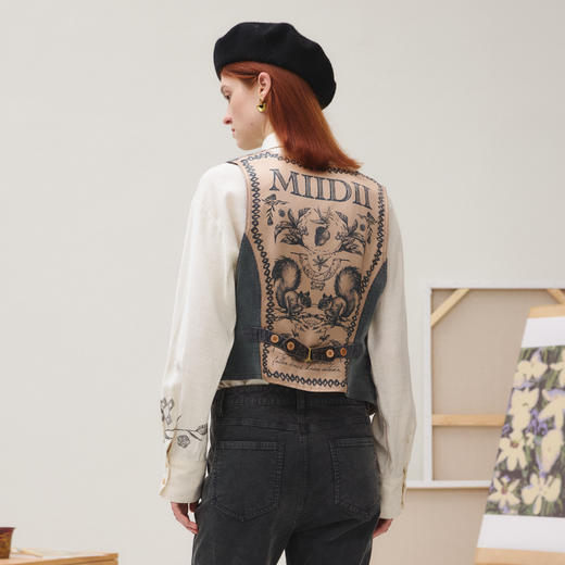 谜底马夹女2025秋新品复古收腰灯芯绒牛仔手绘印花马甲253MM1222 商品图2