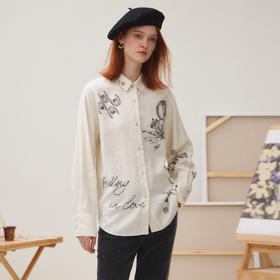 谜底衬衣长袖女2025秋季新品复古通勤亚麻混纺印花衬衫253MC1176