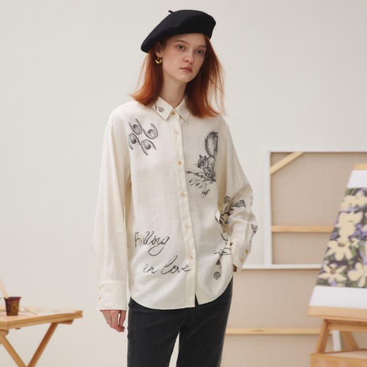 谜底衬衣长袖女2025秋季新品复古通勤亚麻混纺印花衬衫253MC1176 商品图0