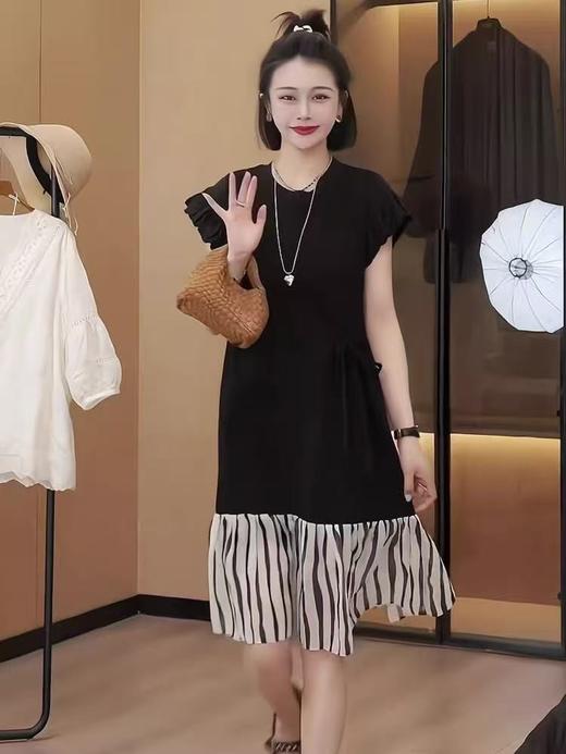 【MYBL】8651珠地网眼拼接条纹下摆系带连衣裙-喜出 商品图1