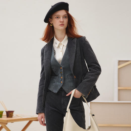 谜底西装外套长袖女2025秋季新品复古修身文艺牛仔西服253MW1232 商品图1
