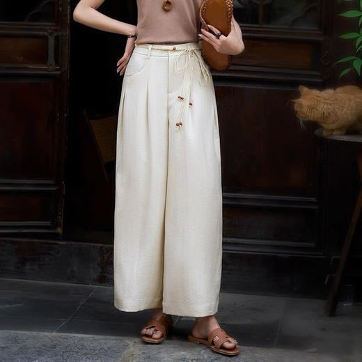 茱莉缇JURLIEDI  江南水乡国风亚麻腰带串珠阔腿裤  休闲舒适 松弛百搭 商品图5