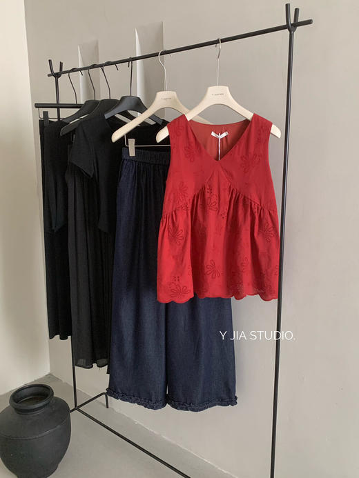 【GZ】无忧购【莉莉安】v领宽松简约显白无袖背心+休闲直筒木耳边牛仔裤套装6021（截单后7天发货) 商品图5