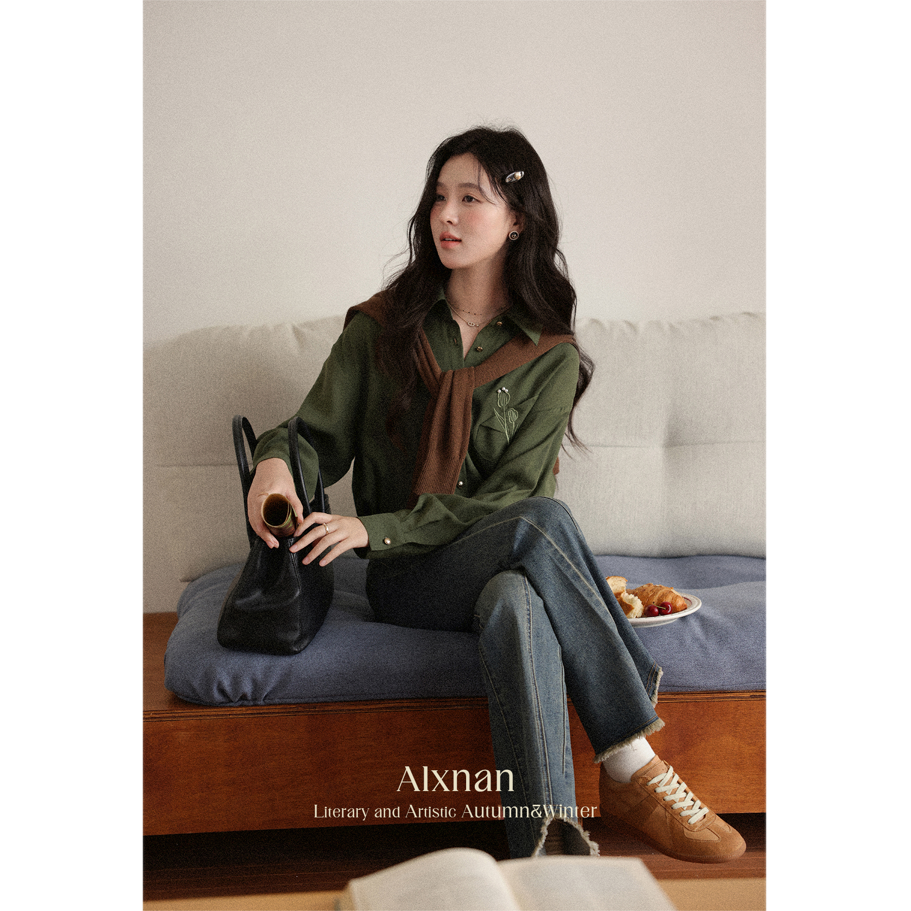 【6折秒杀】鹿向南「郁郁枕香」绿色Polo领长袖流行衬衫秋新款宽松休闲开衫女L56812