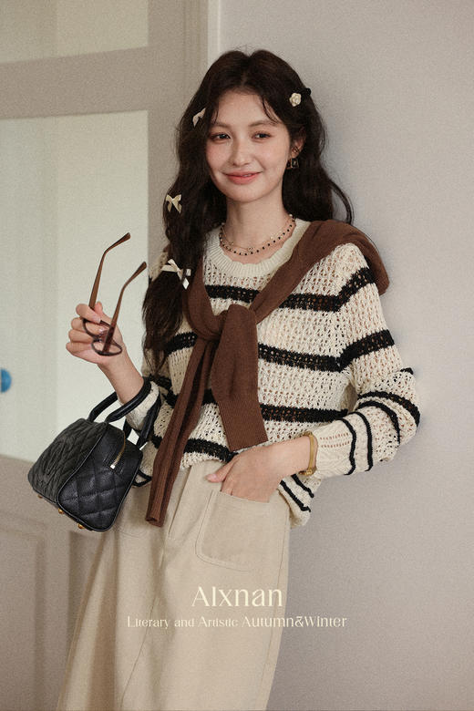 【6折秒杀】鹿向南「波米纳塞」撞色条纹长袖针织衫女秋季新款松弛感镂空罩衫 商品图5