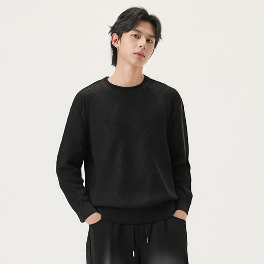 gxg.jeans男装 黑色肌理提花含山羊绒宽松圆领毛衣线衫25年秋热卖 商品图1