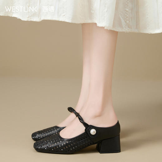 西遇包头半拖鞋女新款秋季法式镂空编织配裙子内增高粗跟单鞋V1757002 商品图3