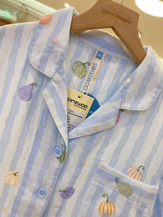 松植屋夏季女款丰收季全棉水洗短袖中裤套装100%纯棉双层纱睡衣家居服 商品图6