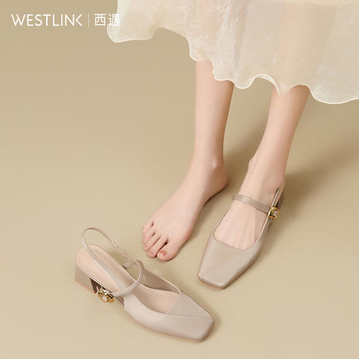 西遇粗跟单鞋女新款秋季法式气质后空包头凉鞋玛丽珍高跟鞋V1756996 商品图3