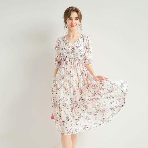 「高货kbnq」全新升级【铂金会员487/天猫659/差价172】(72117)洛诗琳法式V领印花裙2025夏季气质长款碎花真丝连衣裙女 商品图1