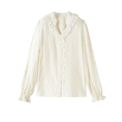 谜底衬衣长袖女2025秋季新品通勤风时尚波点V领花边衬衫253MC1264 商品图4