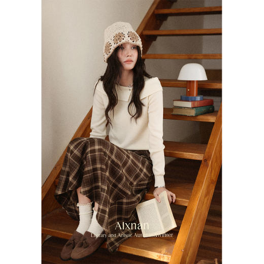 鹿向南「游云漫卷」设计感气质杏色针织衫女早秋显瘦独特长袖上衣 商品图3