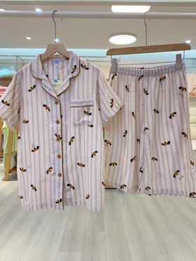 松植屋夏季男女同款情侣款快乐小狗全棉水洗短袖中裤套装100%纯棉双层纱睡衣家居服