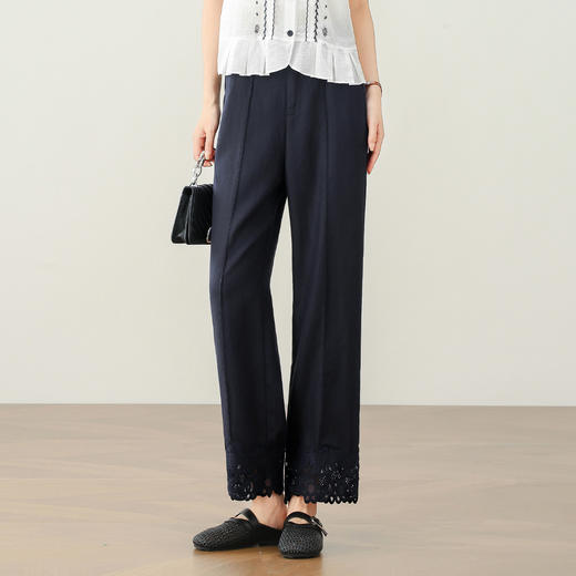 「自」全新升级【铂金会员174/天猫229/差价55】(72233)洛诗琳老钱风直筒亚麻裤2025年夏季蕾丝花边拼接休闲九分裤 商品图0