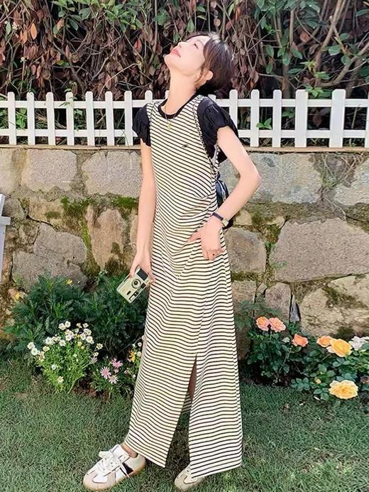 12.12错过没有！清货不退退货勿拍~（不支持退）【MYBL】8638条纹拼接飞飞袖开叉超显瘦长款连衣裙-喜出 商品图2