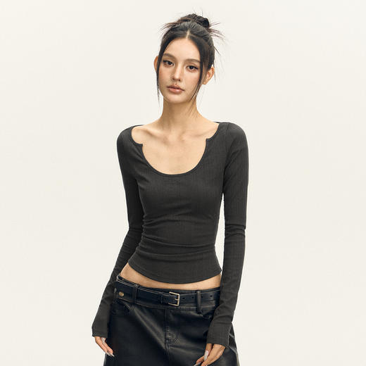 Ariseism 美式复古三色修身长袖T恤女2025春季新款修身上衣 商品图0