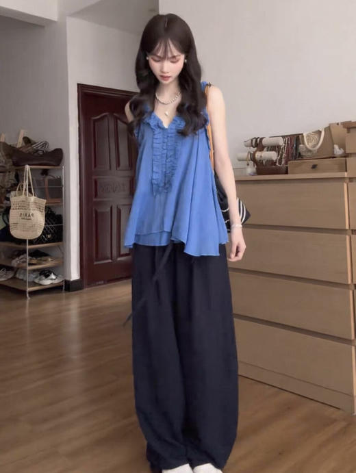 【GZ】无忧购高级感木耳边娃娃领露肩上衣背心+宽松阔腿休闲裤套装9277（截单后3-5天发货) 商品图6