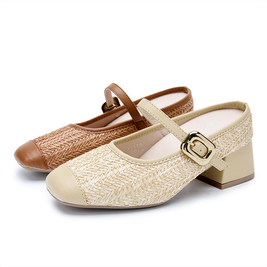 西遇半拖鞋女外穿新款秋季法式编织一字带内增高方头粗跟单鞋V1757003 商品图4