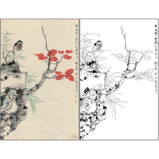 谢稚柳花鸟工笔画白描底稿《红叶珍禽》四尺三开临摹勾线高清打印稿XZ02 商品图0