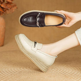 【预售5天】高颜值法式单鞋，圆头中跟平底真皮坡跟棕色乐福鞋MLD&AM806