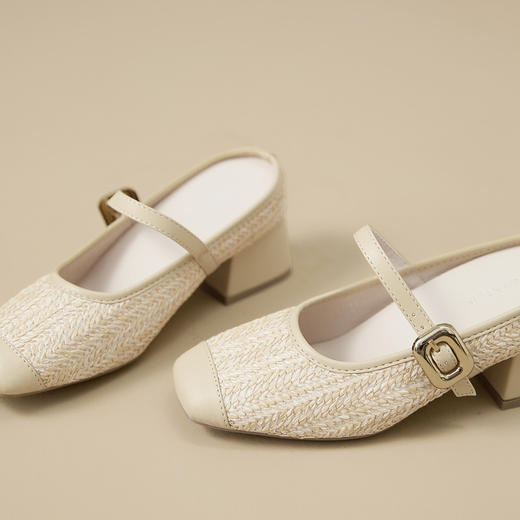 西遇半拖鞋女外穿新款秋季法式编织一字带内增高方头粗跟单鞋V1757003 商品图5