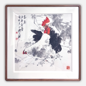 陈永锵《其乐融融》国画原作69CM*69CM 手绘宣纸四尺斗方鸡[含框]