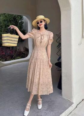 【MYBL】1619泡泡袖V领高腰修身显瘦暗纹连衣裙-喜出