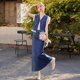 【预售3天】牛仔时尚套装2025新款韩系穿搭洋气拼接蕾丝马甲半身裙两件套YF2555