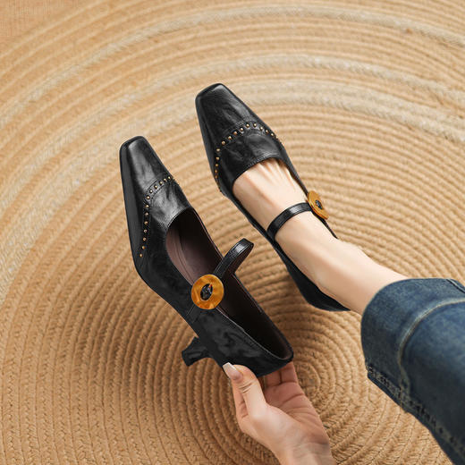 【预售5天】手抓纹羊皮复古方头浅口单鞋女新款气质铆钉高跟玛丽珍鞋JLY&18-523A 商品图4