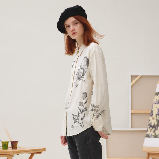 谜底衬衣长袖女2025秋季新品复古通勤亚麻混纺印花衬衫253MC1176 商品图1