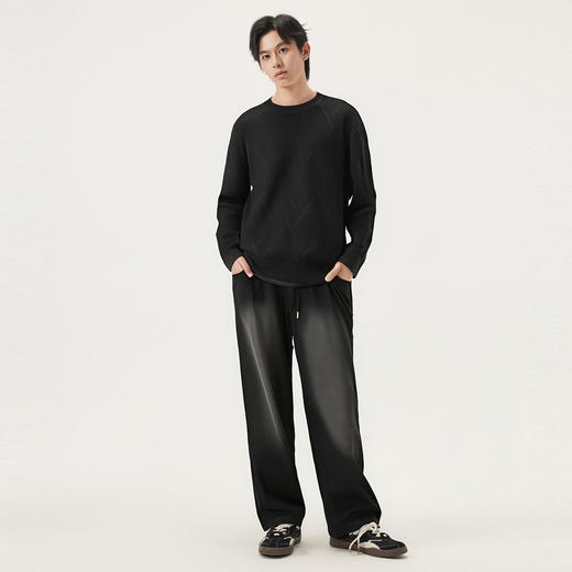gxg.jeans男装 黑色肌理提花含山羊绒宽松圆领毛衣线衫25年秋热卖 商品图4