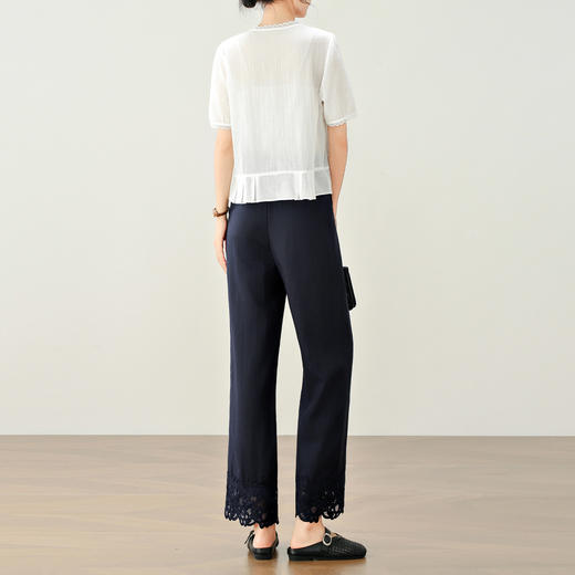 「自」全新升级【铂金会员174/天猫229/差价55】(72233)洛诗琳老钱风直筒亚麻裤2025年夏季蕾丝花边拼接休闲九分裤 商品图3