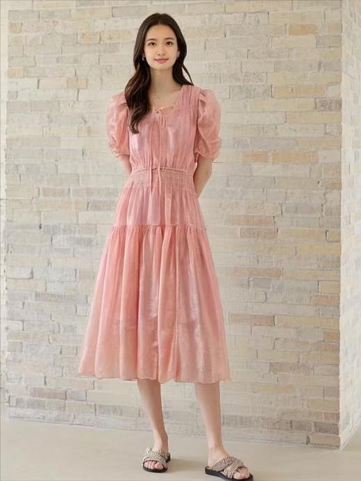 【MYBL】1619泡泡袖V领高腰修身显瘦暗纹连衣裙-喜出 商品图5