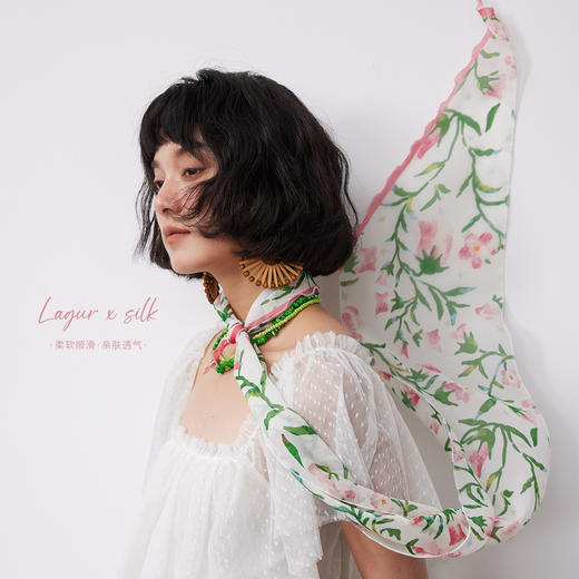 「晨露牵牛」100%乔其真丝长款围巾薄款桑蚕丝丝巾女氛围感长条巾 商品图1