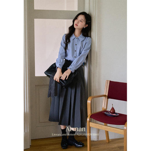 鹿向南「蔚蓝海港」法式蓝色条纹翻领长袖衬衫女早秋宽松显瘦上衣 商品图1