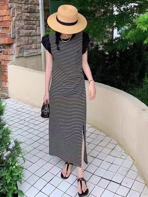 12.12错过没有！清货不退退货勿拍~（不支持退）【MYBL】8638条纹拼接飞飞袖开叉超显瘦长款连衣裙-喜出 商品图0