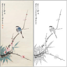 谢稚柳花鸟工笔画白描底稿《栖雀图》临摹勾线高清打印稿XZ08