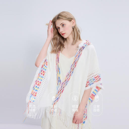 三彩2025新款民族风提花连帽外搭针织披肩流苏遮阳斗篷旅行出片 商品图3