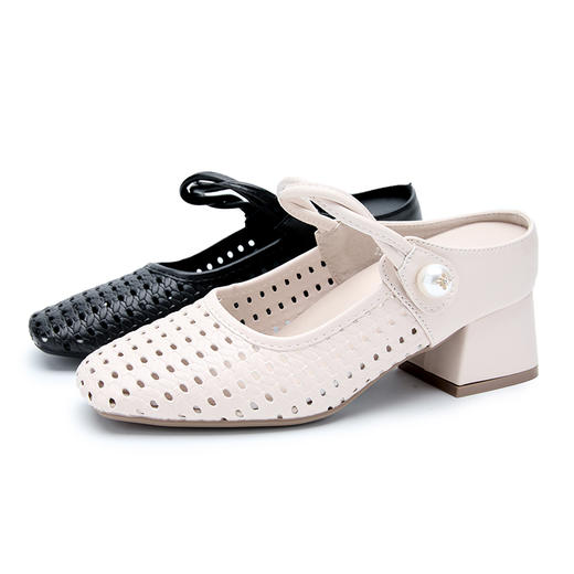 西遇包头半拖鞋女新款秋季法式镂空编织配裙子内增高粗跟单鞋V1757002 商品图4