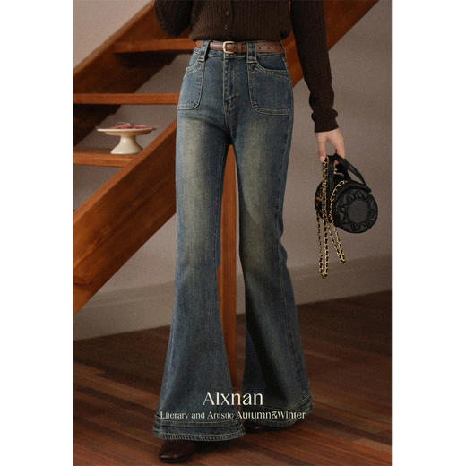 鹿向南「腿精秘籍」复古蓝色喇叭裤女早秋新款显瘦气质牛仔长裤子L56852 商品图1