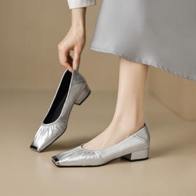 【预售5天】新款褶皱羊皮金属方头粗跟单鞋女真皮浅口低跟舒适百搭女鞋YS&3816