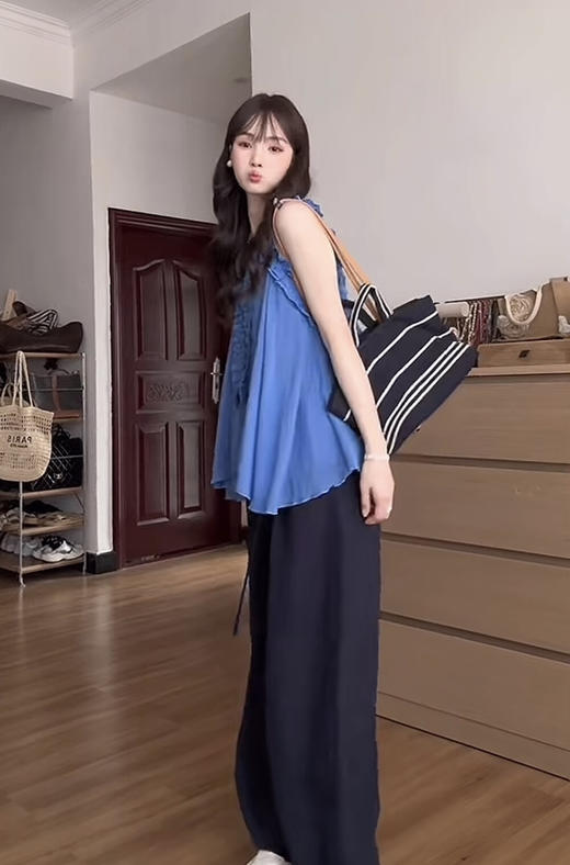 【GZ】无忧购高级感木耳边娃娃领露肩上衣背心+宽松阔腿休闲裤套装9277（截单后3-5天发货) 商品图5