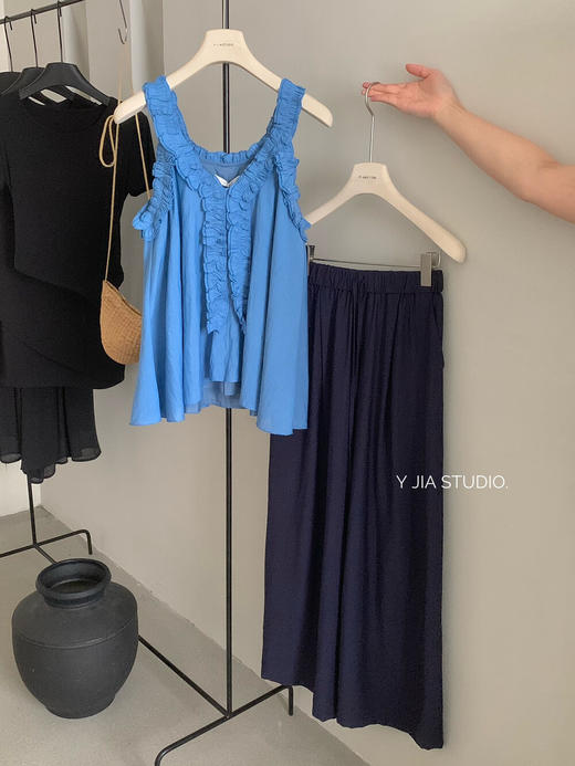 【GZ】无忧购高级感木耳边娃娃领露肩上衣背心+宽松阔腿休闲裤套装9277（截单后3-5天发货) 商品图9