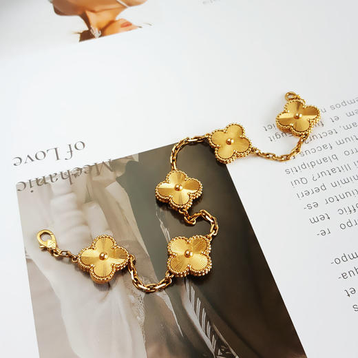 【95新】VCA梵克雅宝 Vintage Alhambra系列VCARP3JK00 18K黄金镭射四叶草五花手链链长约19cm中性款现售价：35000！300725NJS16 商品图5