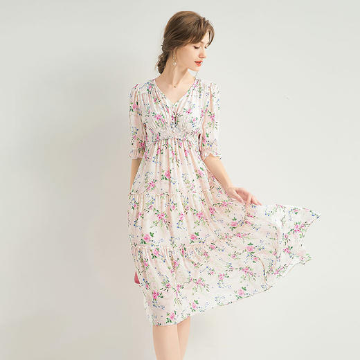 「高货kbnq」全新升级【铂金会员487/天猫659/差价172】(72117)洛诗琳法式V领印花裙2025夏季气质长款碎花真丝连衣裙女 商品图2