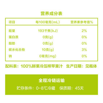 农夫山泉【需冷藏】17.5°NFC苹果汁100%纯果汁鲜果压榨900ml*1瓶 商品图1
